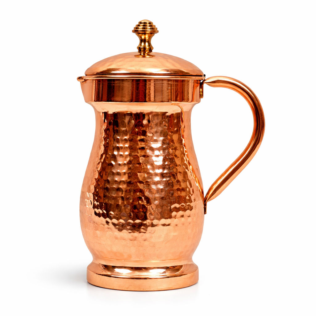 Pure copper hammered maharaja style jug with brass knob on lid, 1350 ML